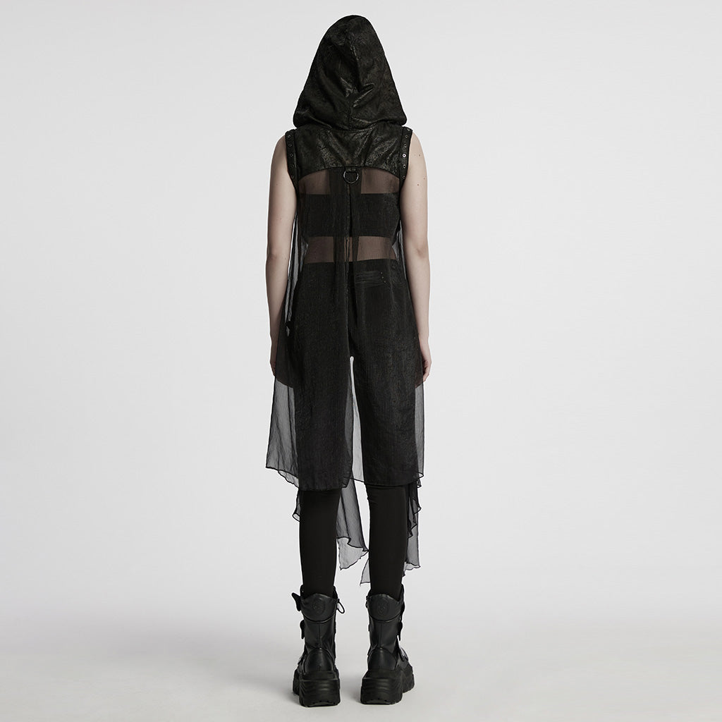WY-1711MJF Hooded Sheer Black Strappy Long Punk Vest
