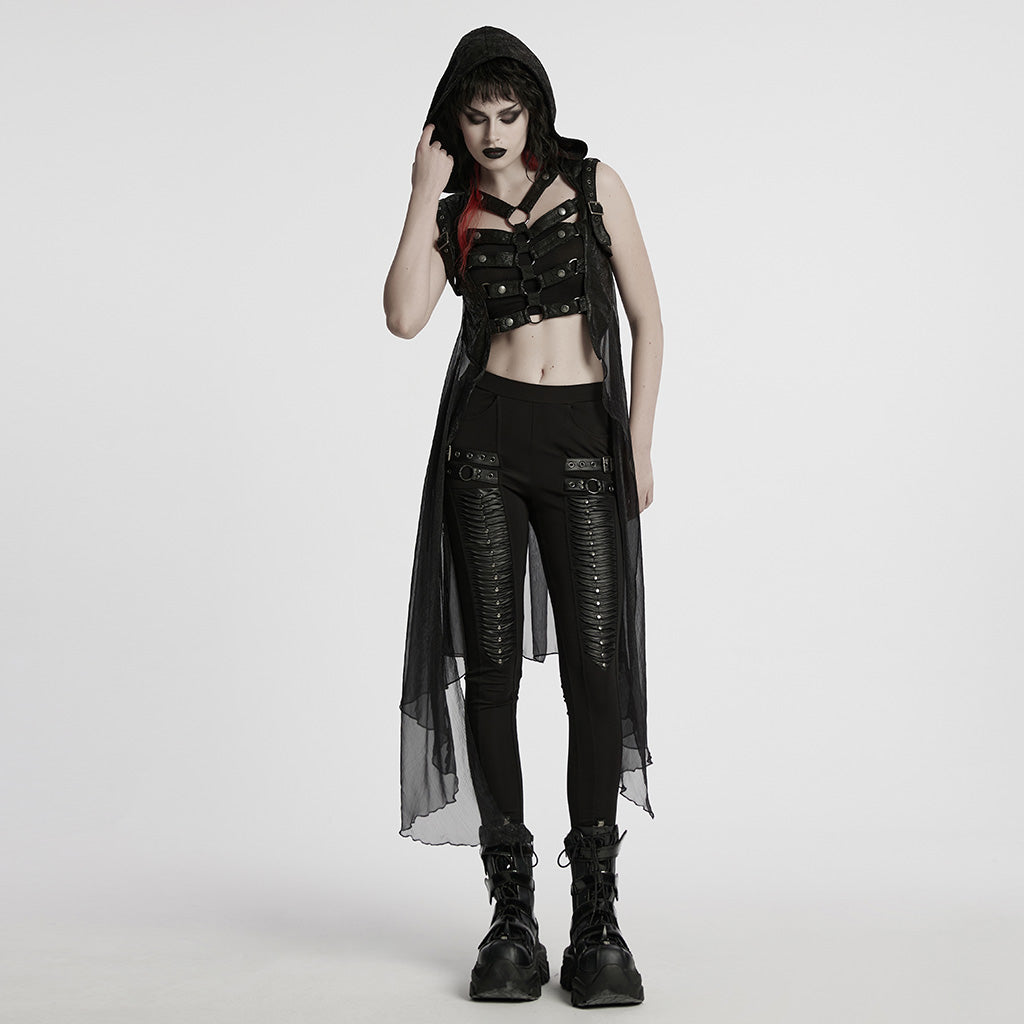 WY-1711MJF Hooded Sheer Black Strappy Long Punk Vest