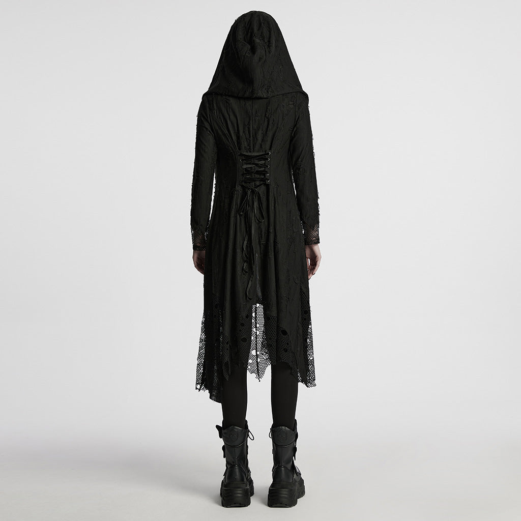 WY-1713XCF Womens Gothic Coat Hooded Longline Lace Mesh Design