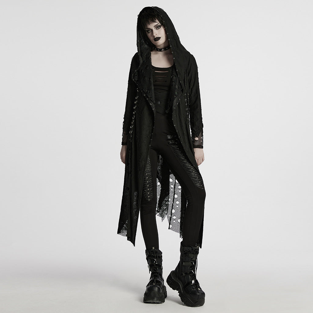 WY-1713XCF Womens Gothic Coat Hooded Longline Lace Mesh Design