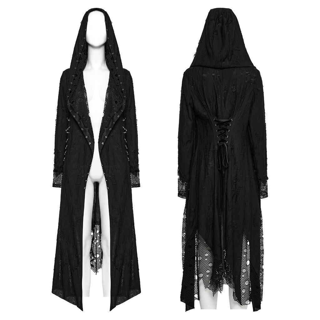 WY-1713XCF Womens Gothic Coat Hooded Longline Lace Mesh Design