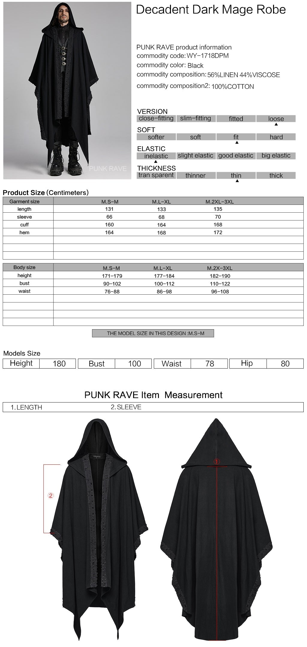 WY-1718DPM Gothic Hooded Cape Black Asymmetric Flowing Hem Linen Blend?-??Punk Rave Clothing