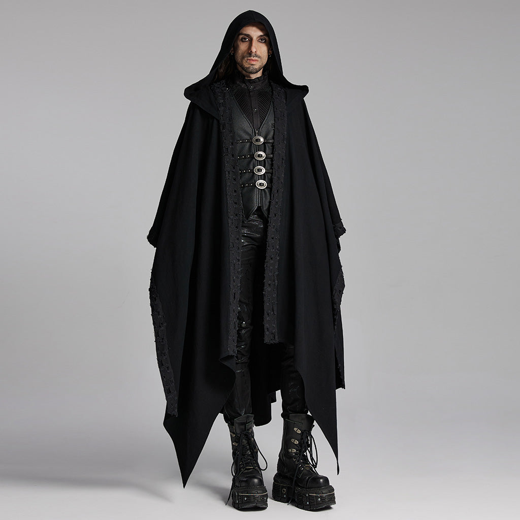 WY-1718DPM Gothic Hooded Cape Black Asymmetric Flowing Hem Linen Blend?-??Punk Rave Clothing