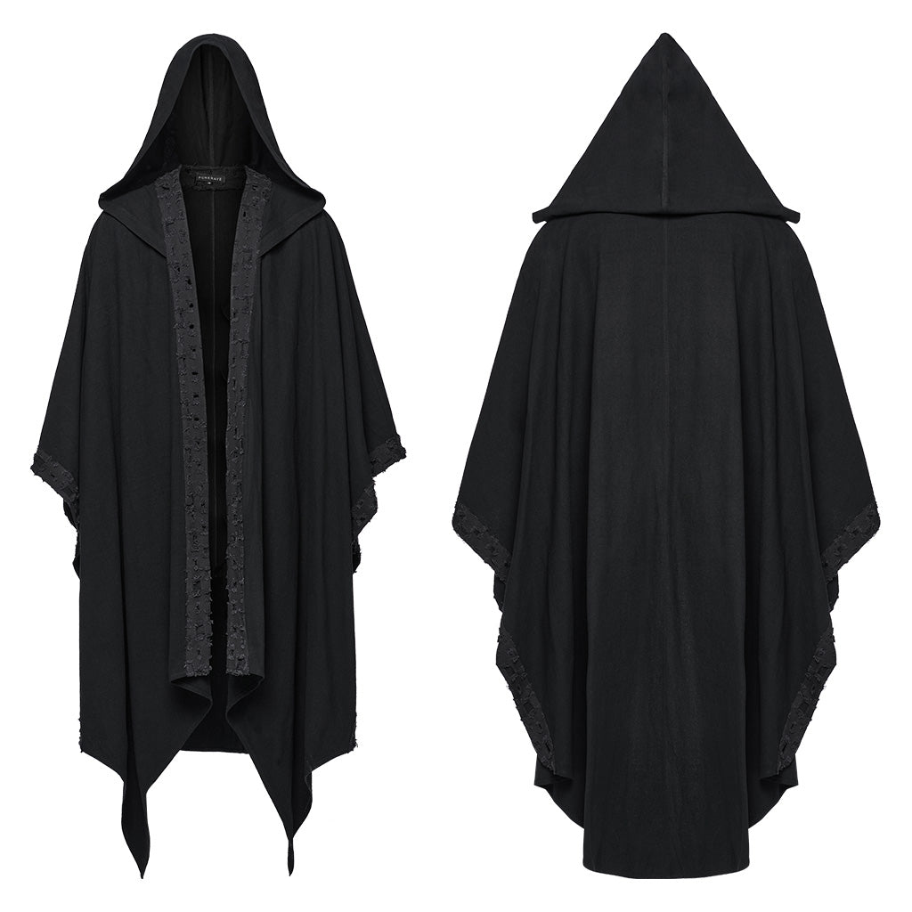 WY-1718DPM Gothic Hooded Cape Black Asymmetric Flowing Hem Linen Blend?-??Punk Rave Clothing