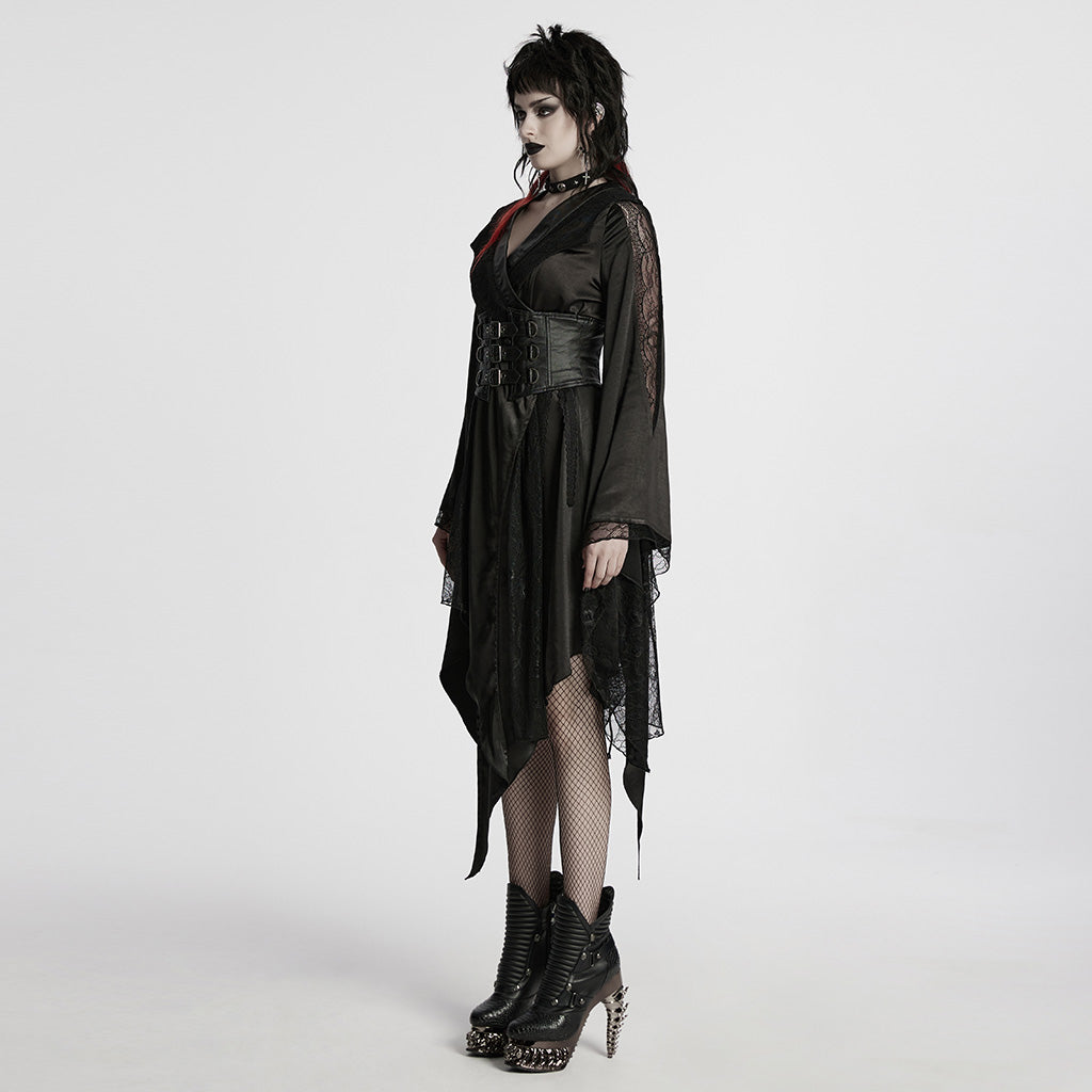 WY-1723XCF Gothic Coat Asymmetrical Hem Lace Buckle Detail Long Sleeve Fashion