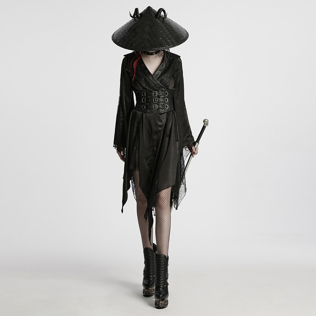 WY-1723XCF Gothic Coat Asymmetrical Hem Lace Buckle Detail Long Sleeve Fashion