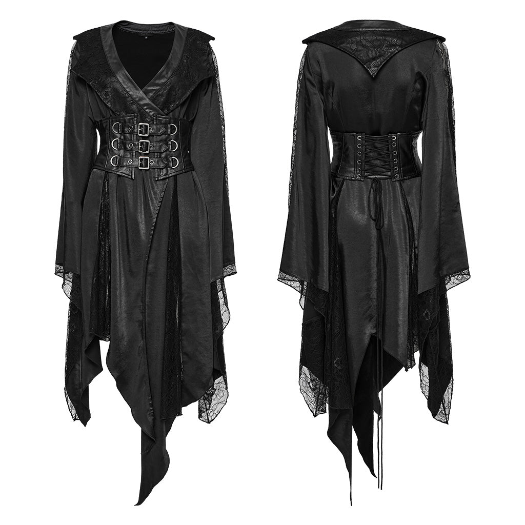 WY-1723XCF Gothic Coat Asymmetrical Hem Lace Buckle Detail Long Sleeve Fashion