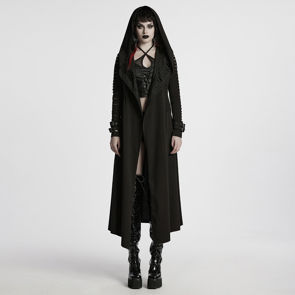 WY-1724XCF Edgy Hooded Longline Gothic Punk Coat with Belted Sleeves