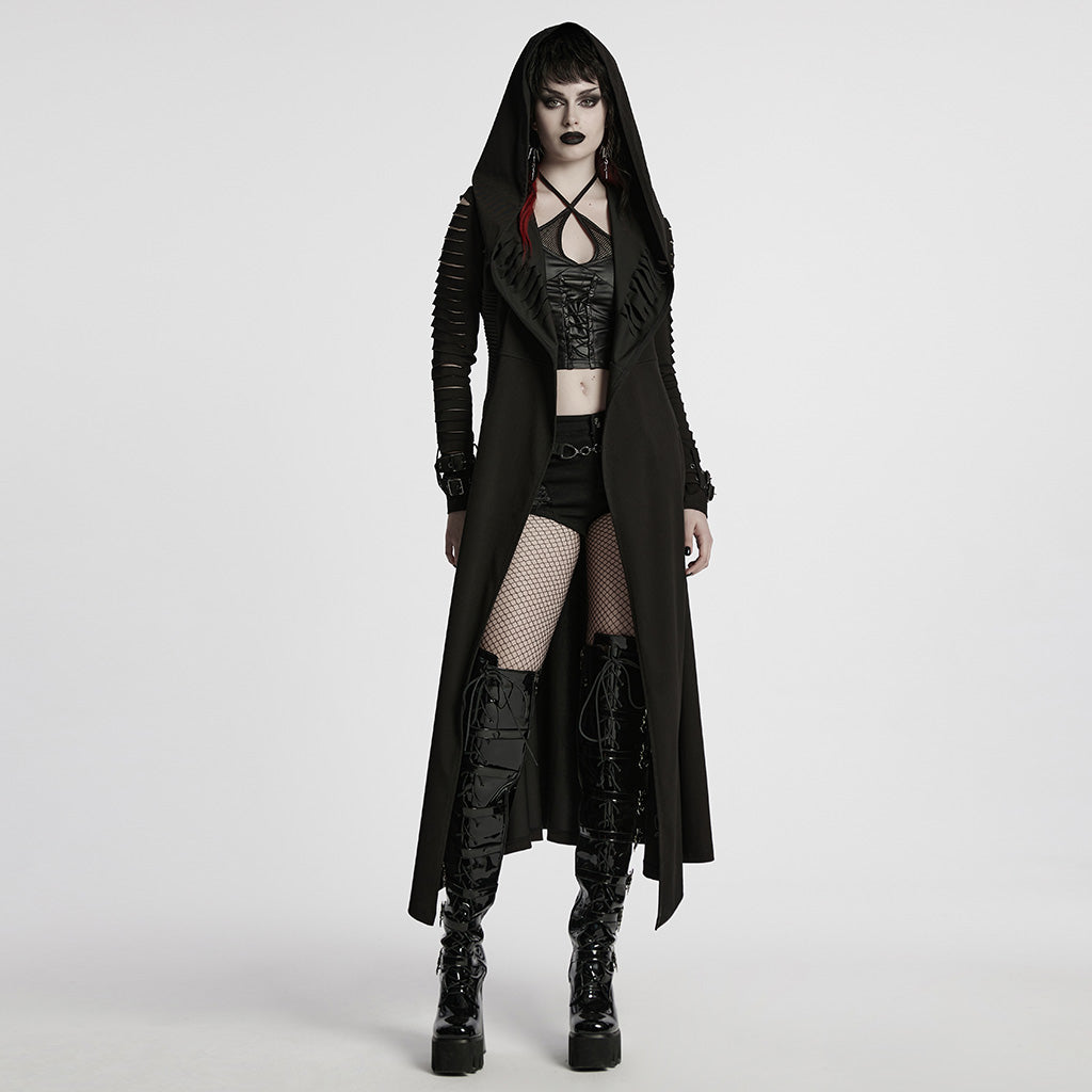 WY-1724XCF Edgy Hooded Longline Gothic Punk Coat with Belted Sleeves