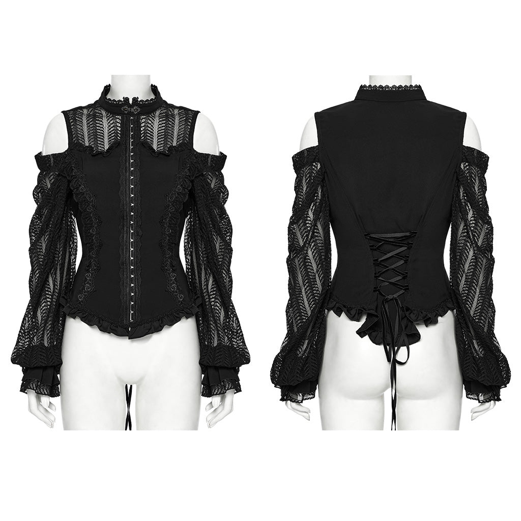 WY-1727CCF Gothic Lace Cold Shoulder Shirt Victorian Ruffle Design