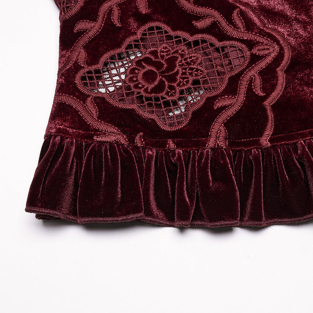 WY-1732CCF Gothic Shirt Burgundy Velvet Lace Bell Sleeve Top