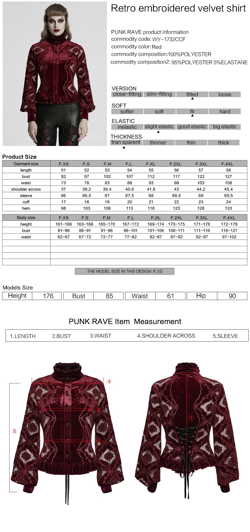 WY-1732CCF Gothic Shirt Burgundy Velvet Lace Bell Sleeve Top