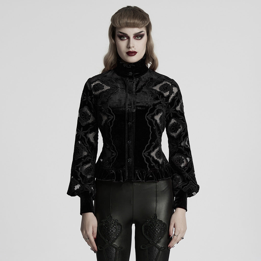 WY-1732CCF Gothic Shirt Burgundy Velvet Lace Bell Sleeve Top