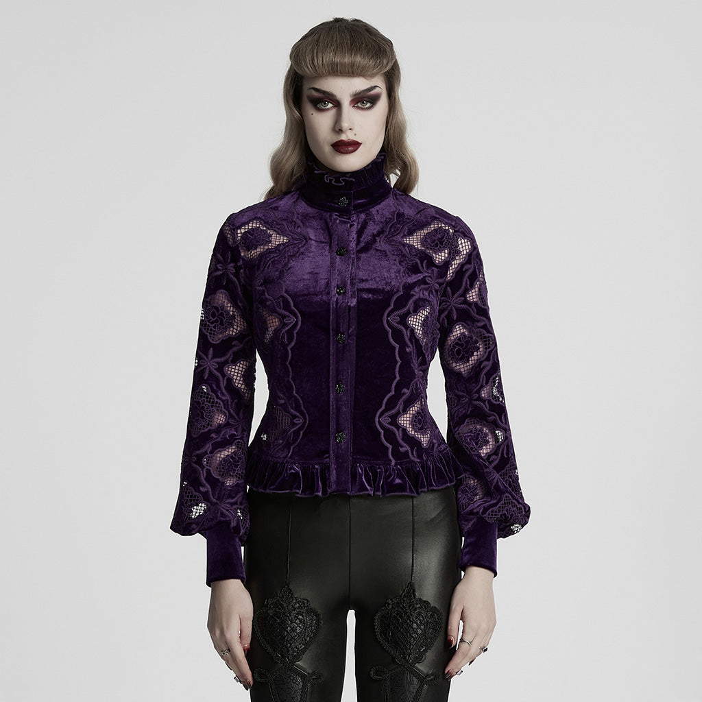 WY-1732CCF Gothic Shirt Burgundy Velvet Lace Bell Sleeve Top
