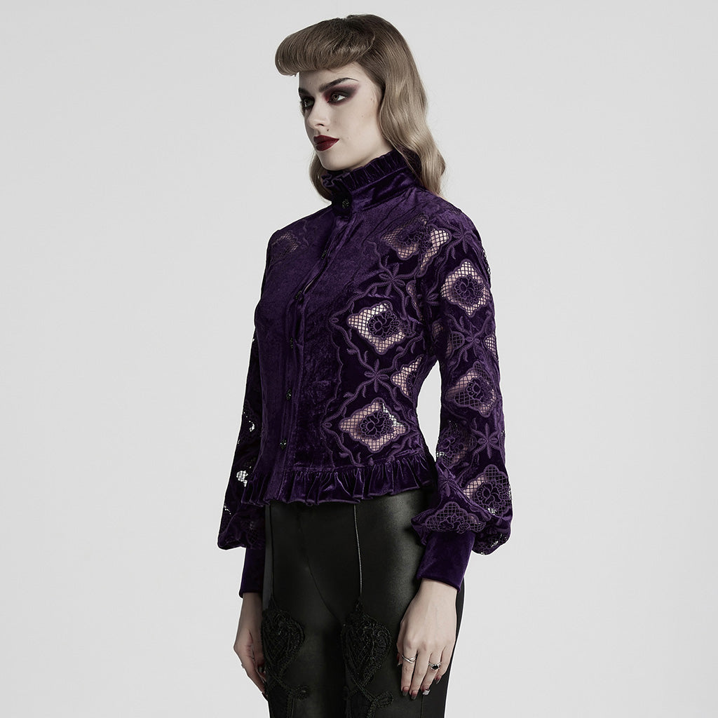 WY-1732CCF Gothic Shirt Burgundy Velvet Lace Bell Sleeve Top