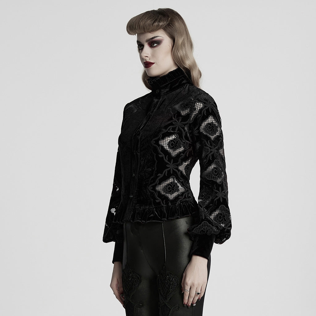 WY-1732CCF Gothic Shirt Burgundy Velvet Lace Bell Sleeve Top