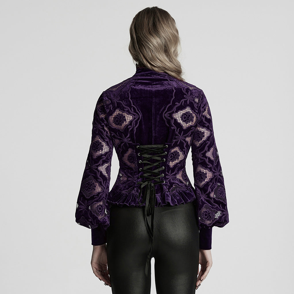 WY-1732CCF Gothic Shirt Burgundy Velvet Lace Bell Sleeve Top