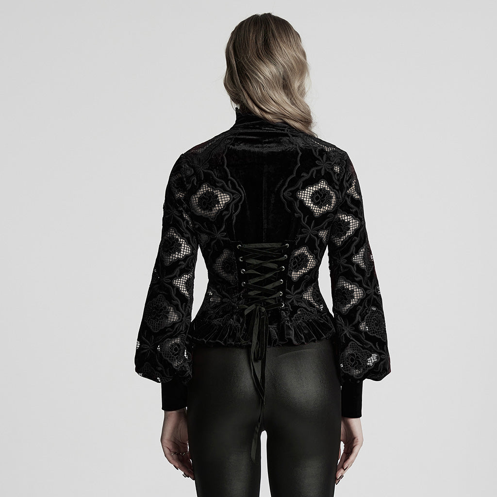 WY-1732CCF Gothic Shirt Burgundy Velvet Lace Bell Sleeve Top