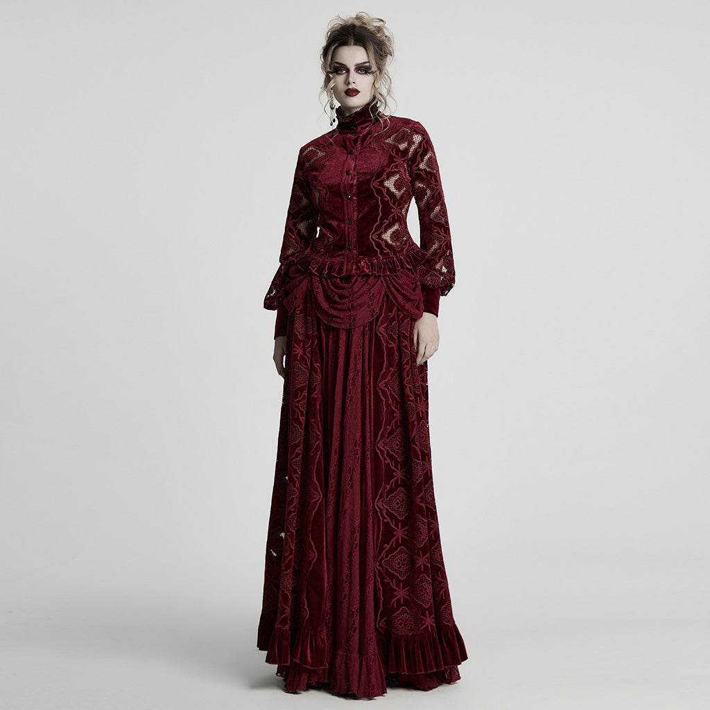 WY-1732CCF Gothic Shirt Burgundy Velvet Lace Bell Sleeve Top
