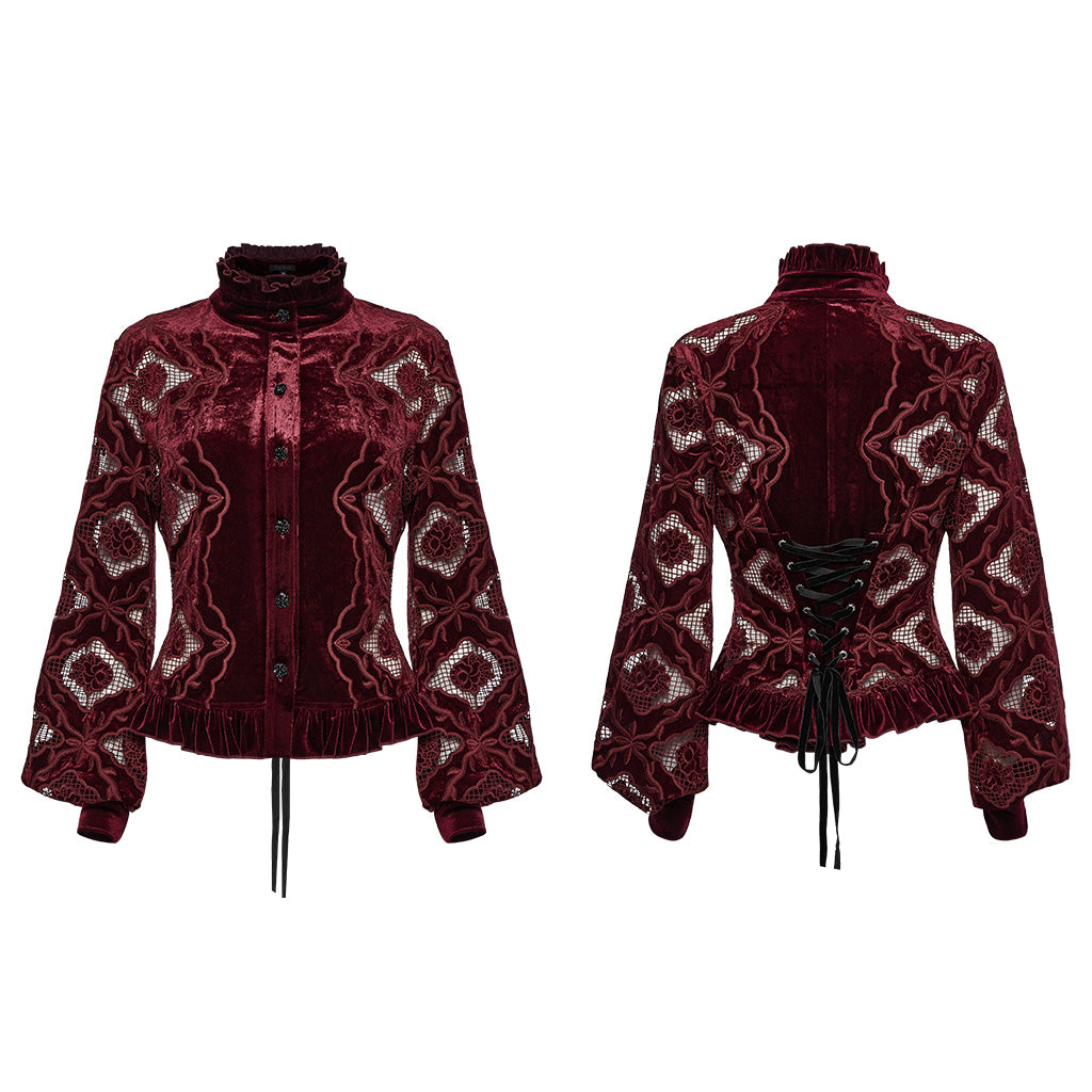 WY-1732CCF Gothic Shirt Burgundy Velvet Lace Bell Sleeve Top