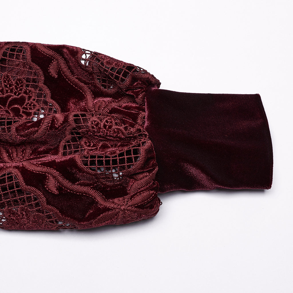 WY-1732CCF Gothic Shirt Burgundy Velvet Lace Bell Sleeve Top
