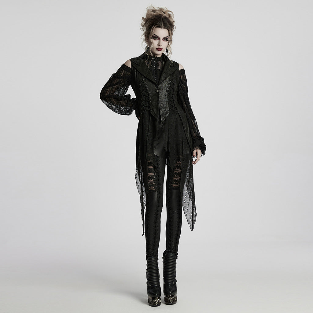 WY-1737MJF Gothic Vest Long Tailcoat Sleeveless Lace-Up Design Black
