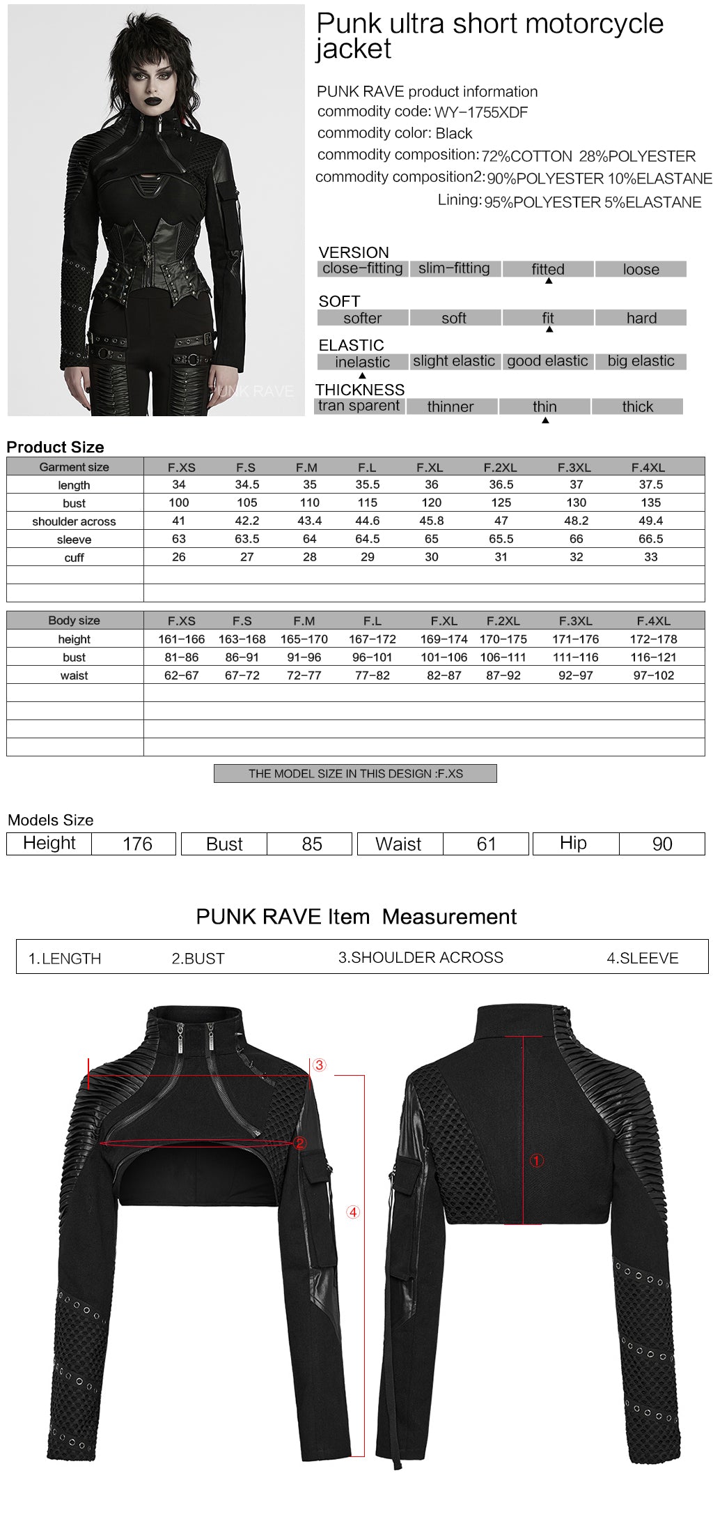 WY-1755XDF Edgy Black Gothic Corset Style Punk Jackets with Zipper Details