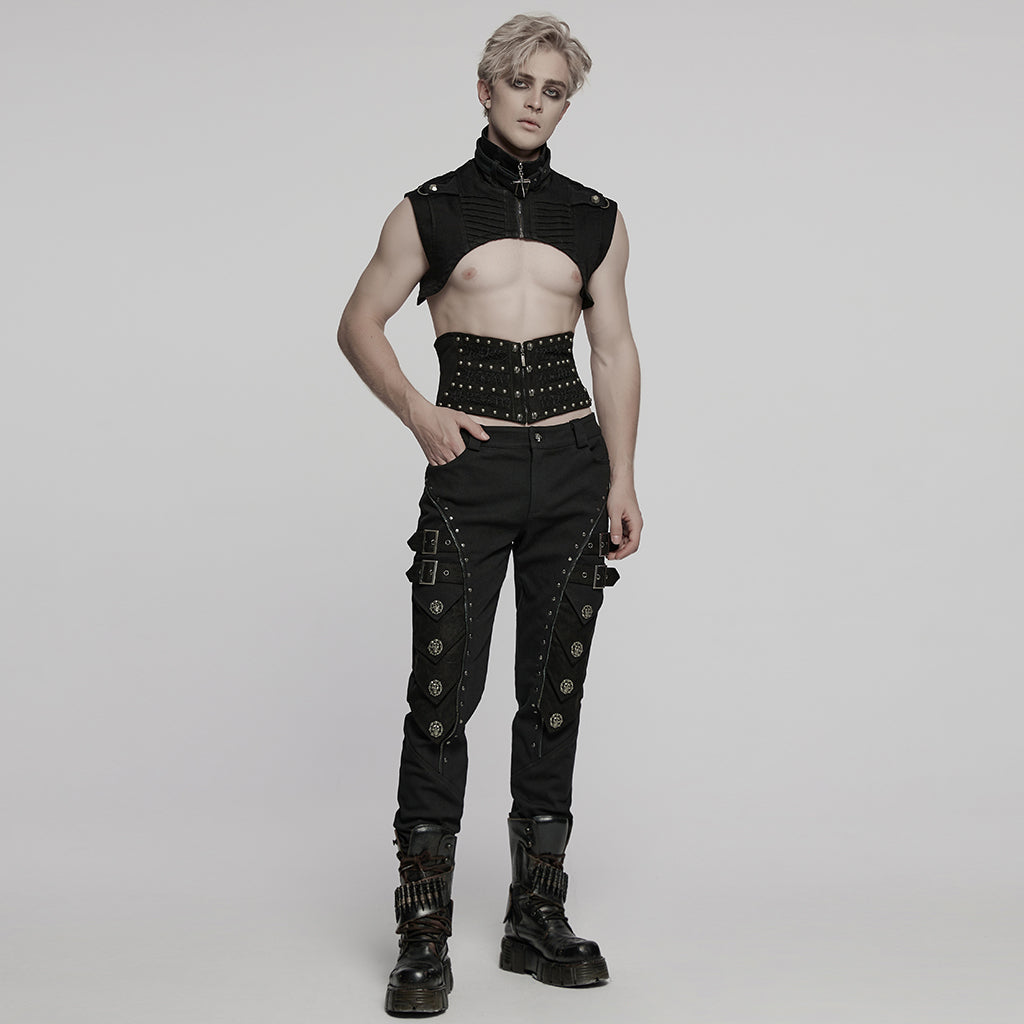 WY-1756MJM Gothic Sleeveless Punk Vests Studded High Collar Zipper Design