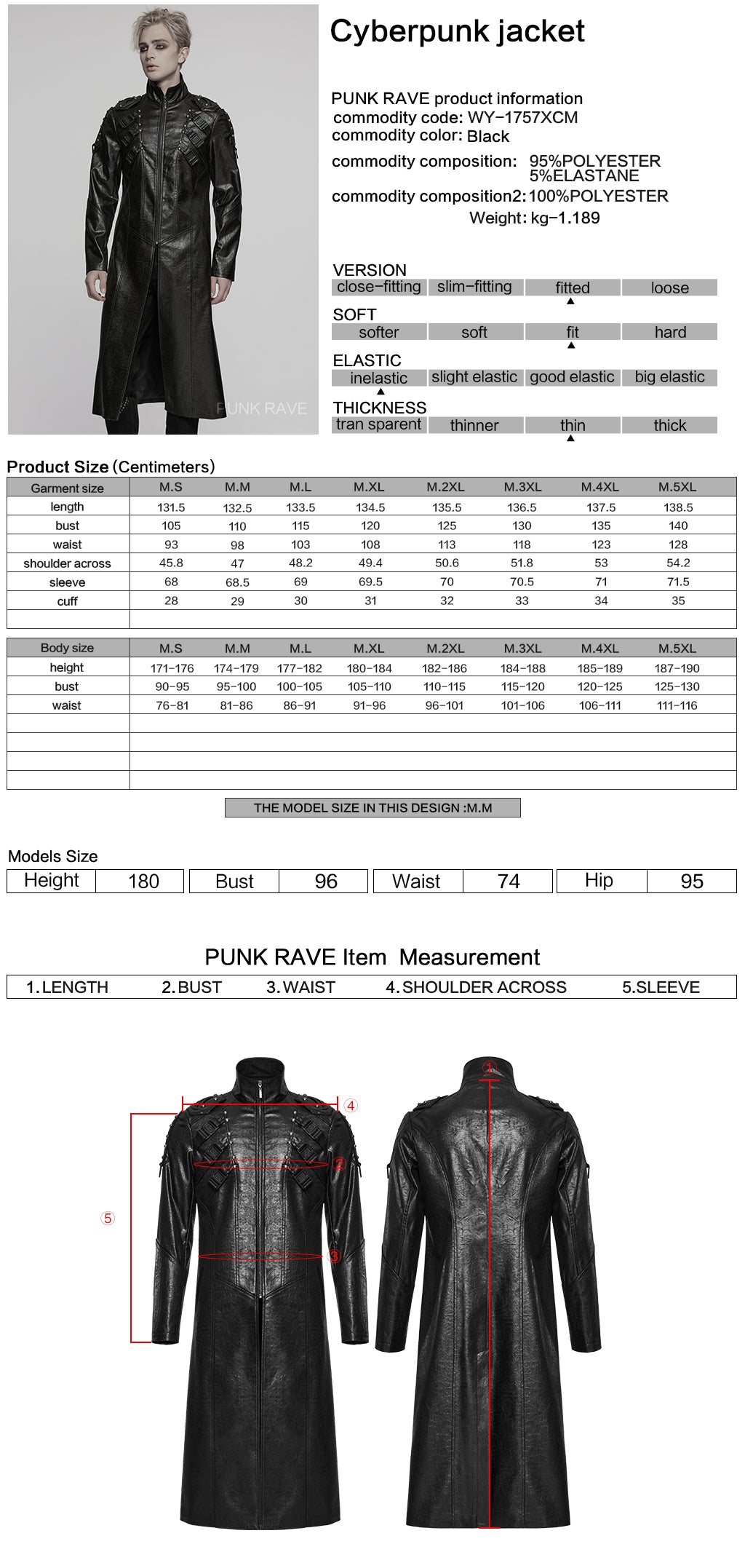 WY-1757XCM Gothic Long Black Faux Leather Punk Coat Mens Fashion