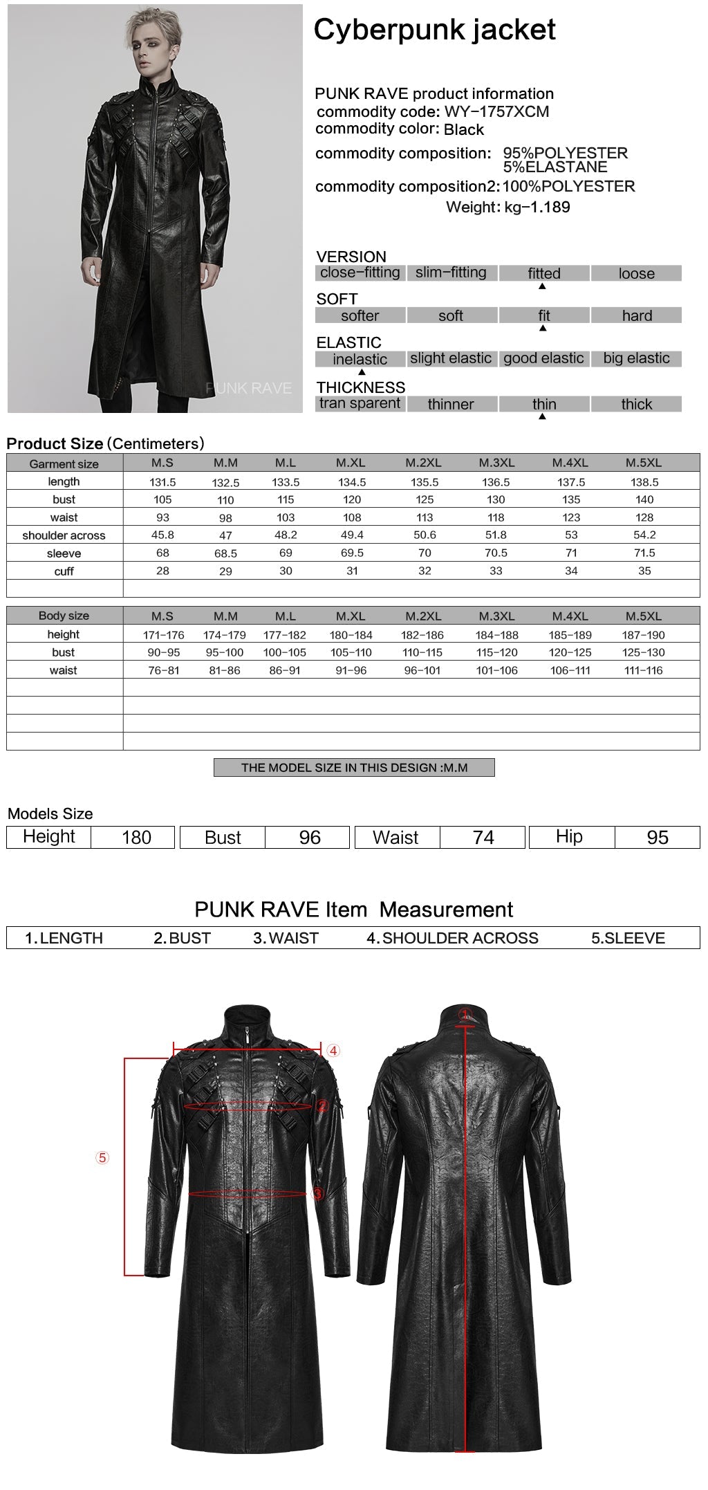 WY-1757XCM Gothic Long Black Faux Leather Punk Coat Mens Fashion