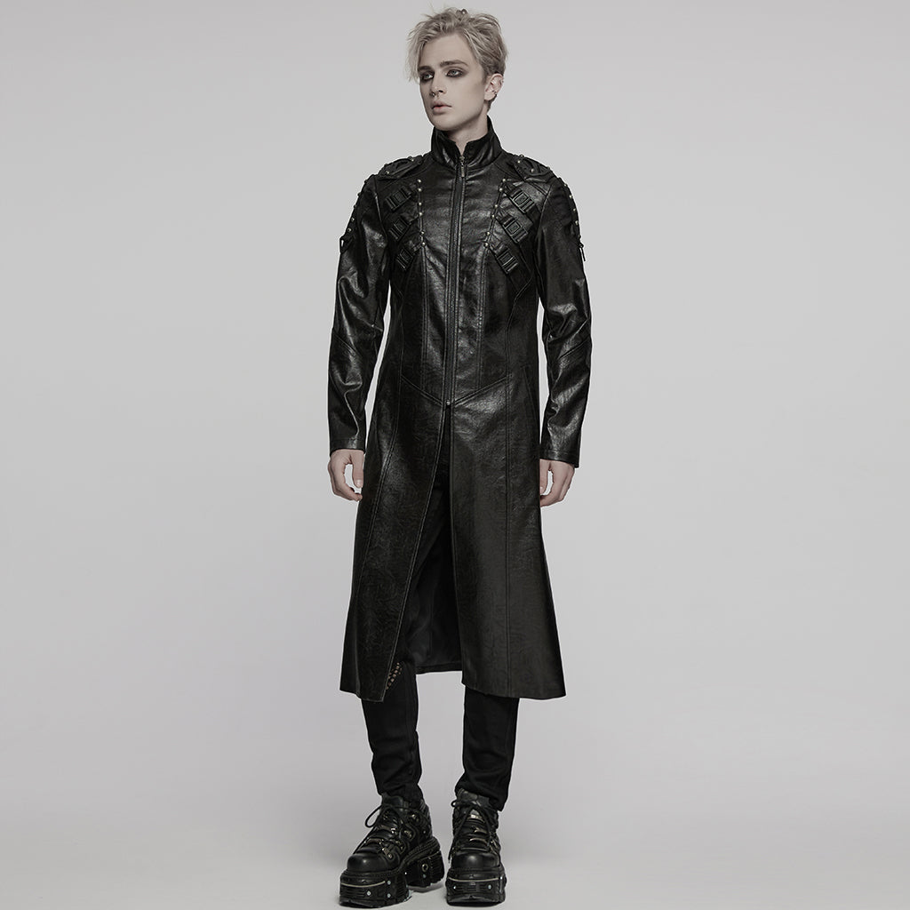 WY-1757XCM Gothic Long Black Faux Leather Punk Coat Mens Fashion
