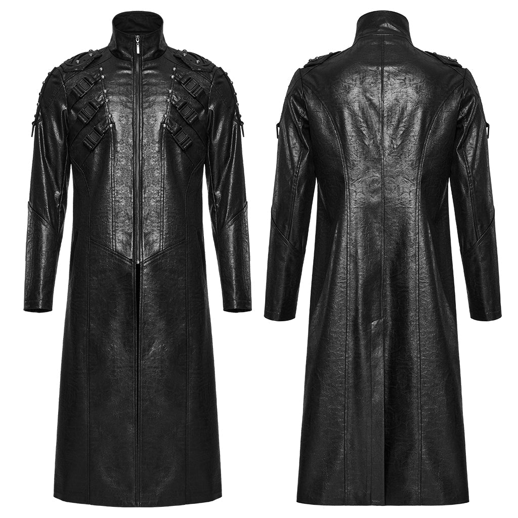WY-1757XCM Gothic Long Black Faux Leather Punk Coat Mens Fashion