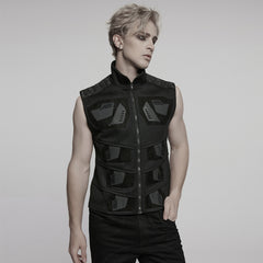 WY-1758MJM Edgy Black Mesh Tactical Punk Vest Sleeveless Zipper Panel