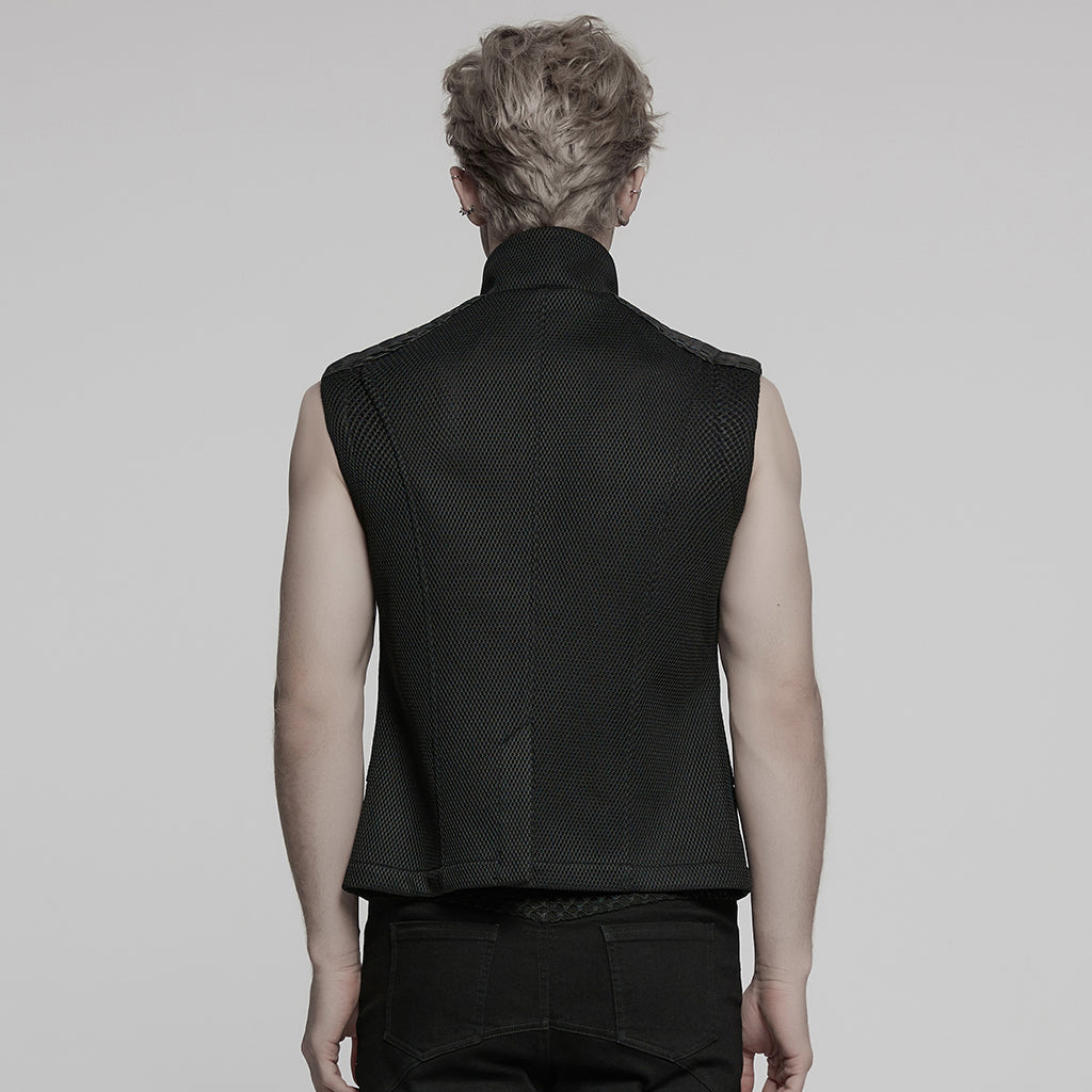 WY-1758MJM Edgy Black Mesh Tactical Punk Vest Sleeveless Zipper Panel