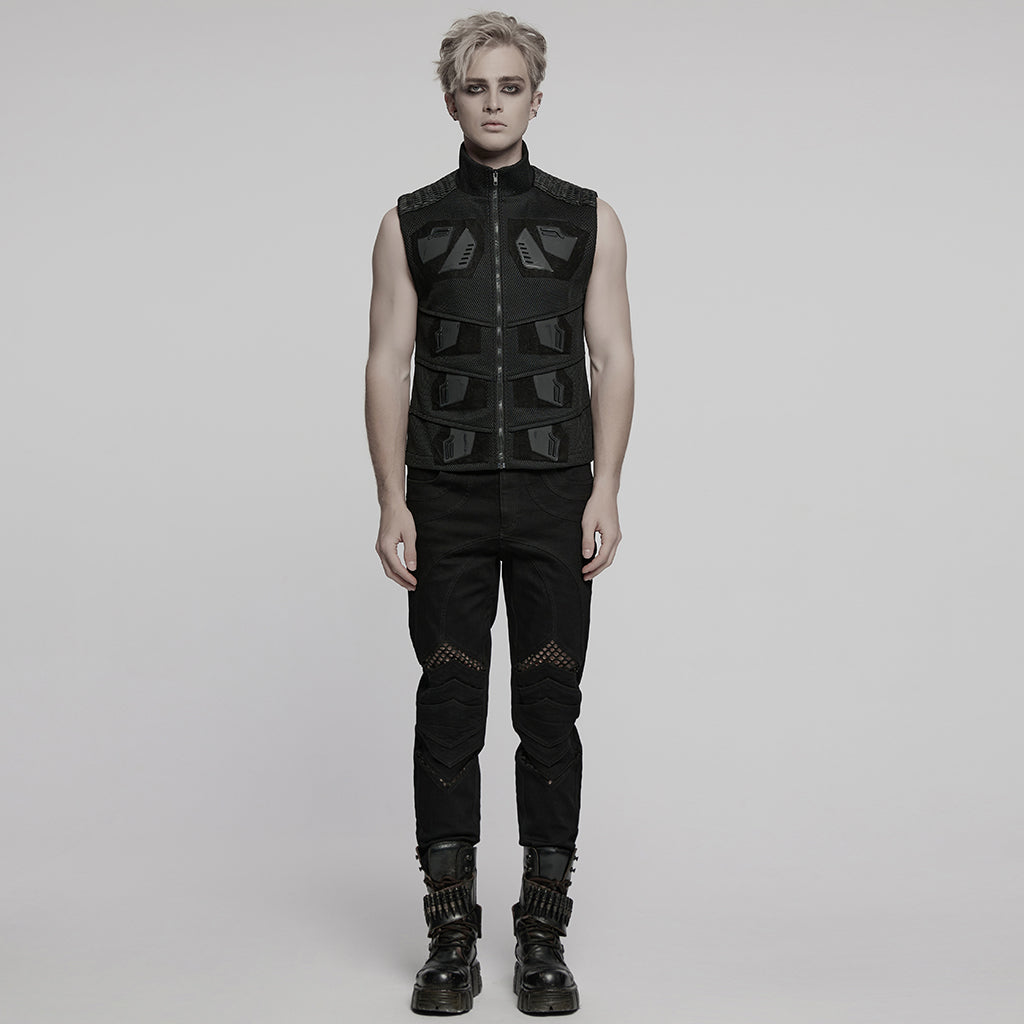 WY-1758MJM Edgy Black Mesh Tactical Punk Vest Sleeveless Zipper Panel