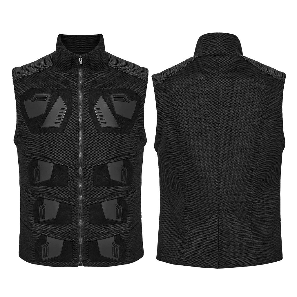 WY-1758MJM Edgy Black Mesh Tactical Punk Vest Sleeveless Zipper Panel