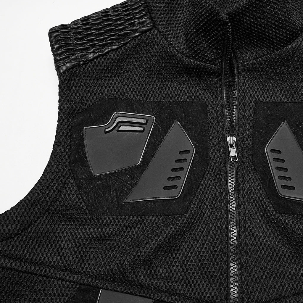 WY-1758MJM Edgy Black Mesh Tactical Punk Vest Sleeveless Zipper Panel