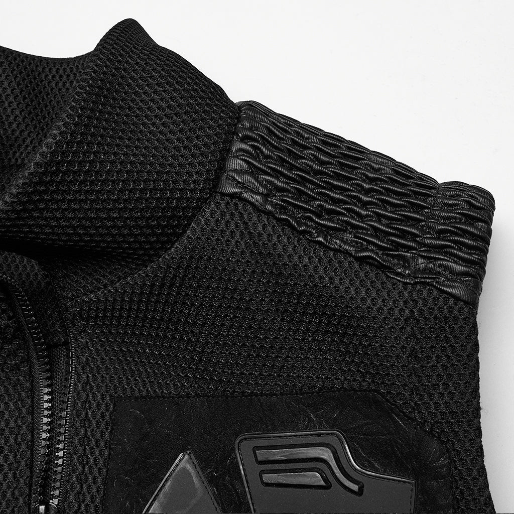 WY-1758MJM Edgy Black Mesh Tactical Punk Vest Sleeveless Zipper Panel