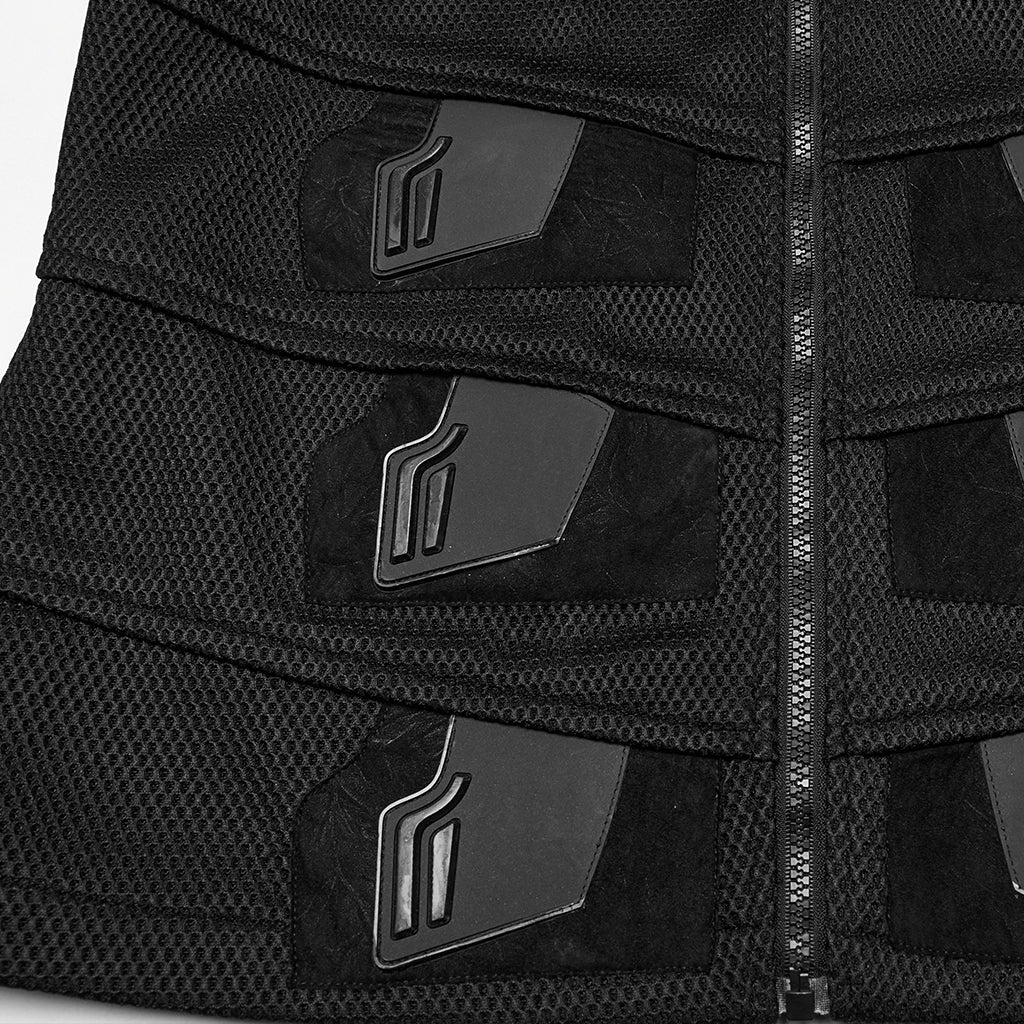 WY-1758MJM Edgy Black Mesh Tactical Punk Vest Sleeveless Zipper Panel