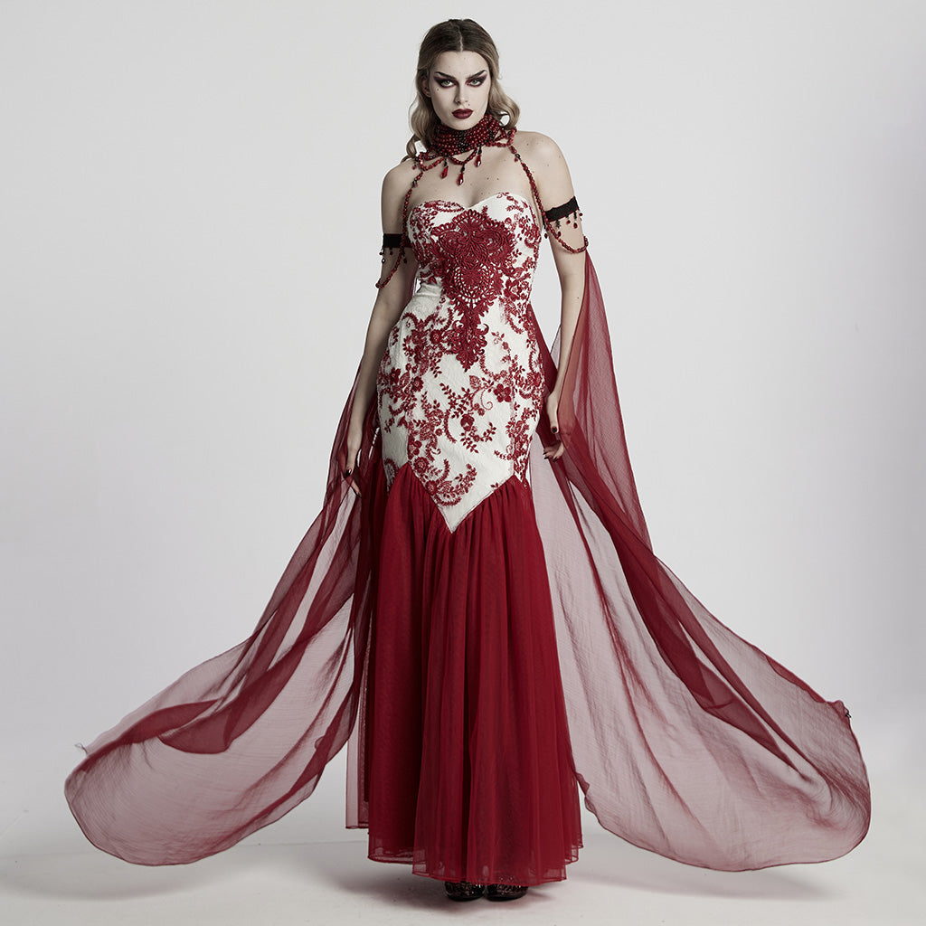 WY-1760DPF Gothic Dress Elegant Red Lace Chiffon Evening Gown