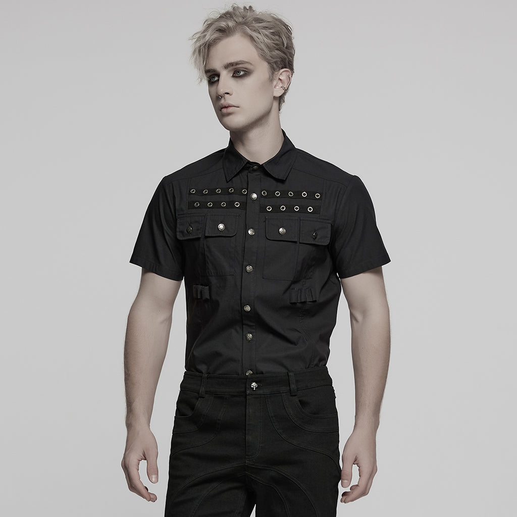 WY-1761CDM Edgy Black Short Sleeve Grommet Punk Shirts for Men