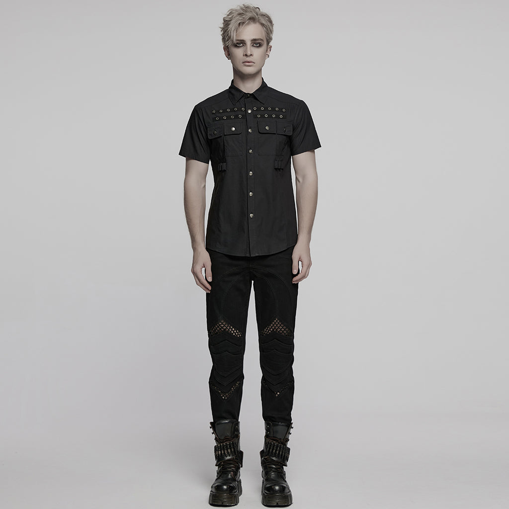 WY-1761CDM Edgy Black Short Sleeve Grommet Punk Shirts for Men