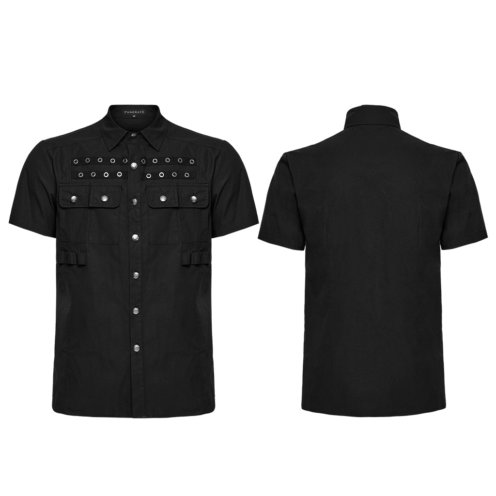 WY-1761CDM Edgy Black Short Sleeve Grommet Punk Shirts for Men