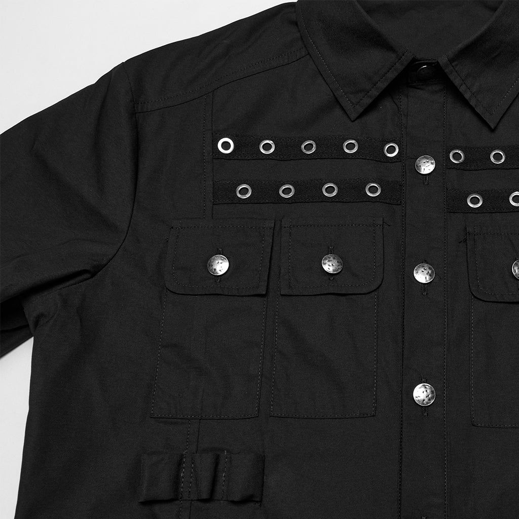 WY-1761CDM Edgy Black Short Sleeve Grommet Punk Shirts for Men