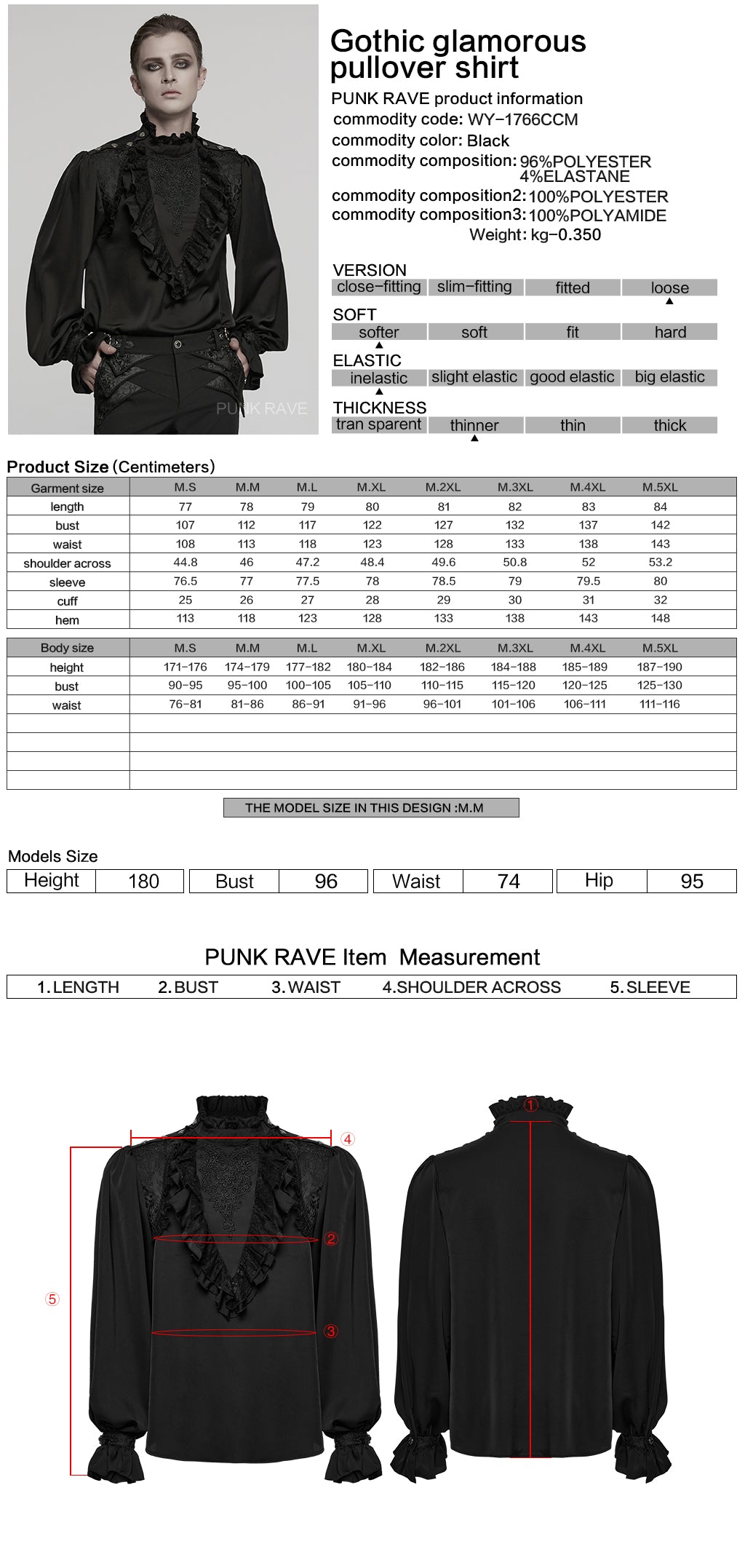 WY-1766CCM Gothic Shirts Mens Victorian Ruffled Lace Black Top