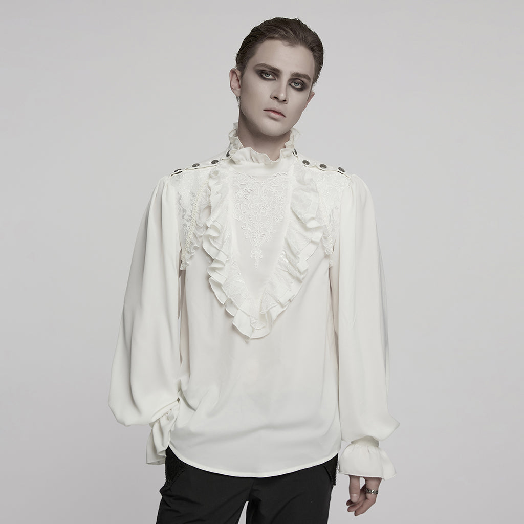 WY-1766CCM Gothic Shirts Mens Victorian Ruffled Lace Black Top