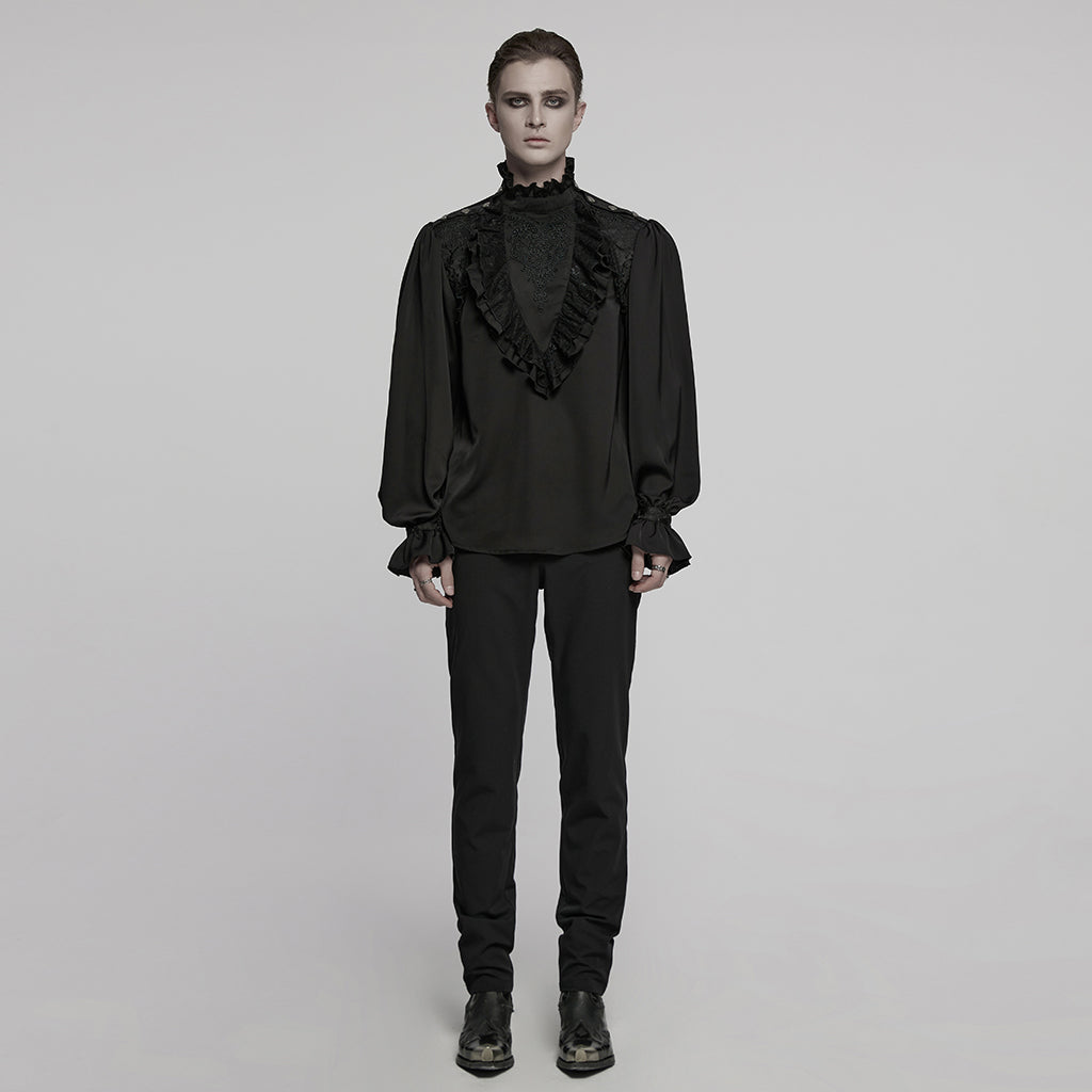 WY-1766CCM Gothic Shirts Mens Victorian Ruffled Lace Black Top