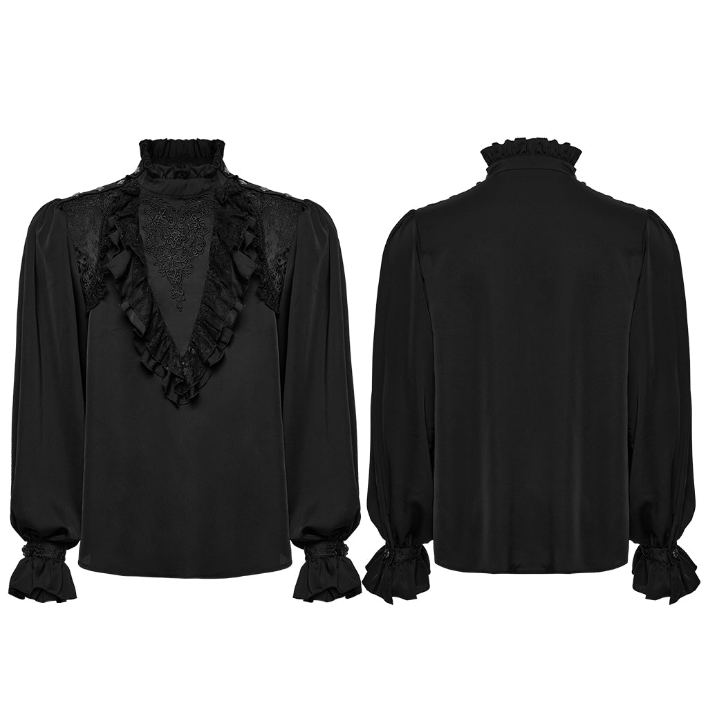 WY-1766CCM Gothic Shirts Mens Victorian Ruffled Lace Black Top