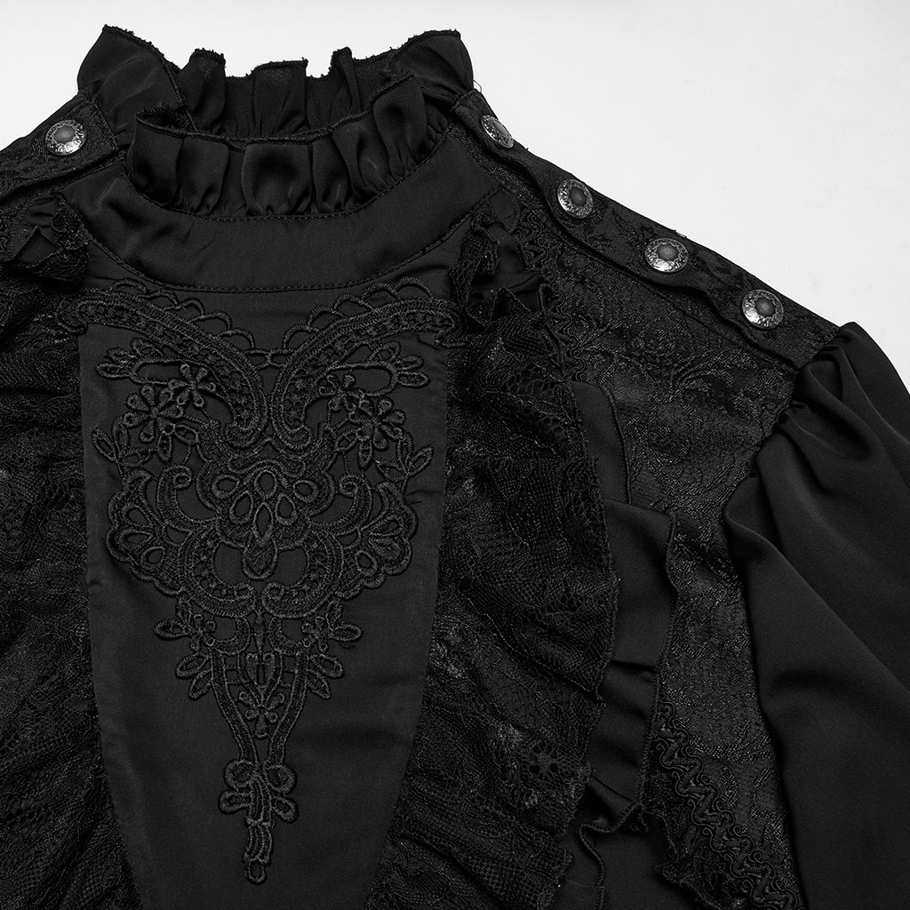 WY-1766CCM Gothic Shirts Mens Victorian Ruffled Lace Black Top