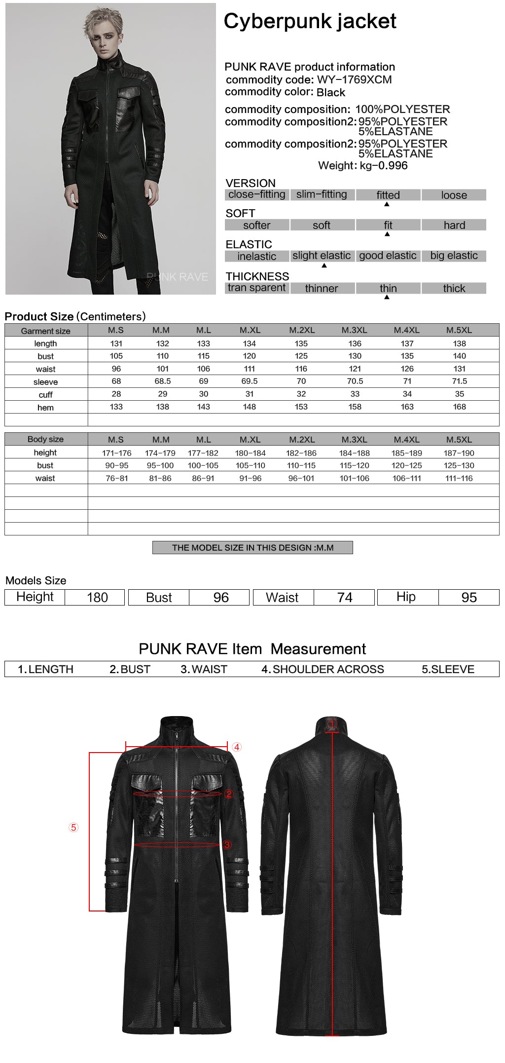 WY-1769XCM Gothic Longline Leather Accent Punk Coat with High Collar